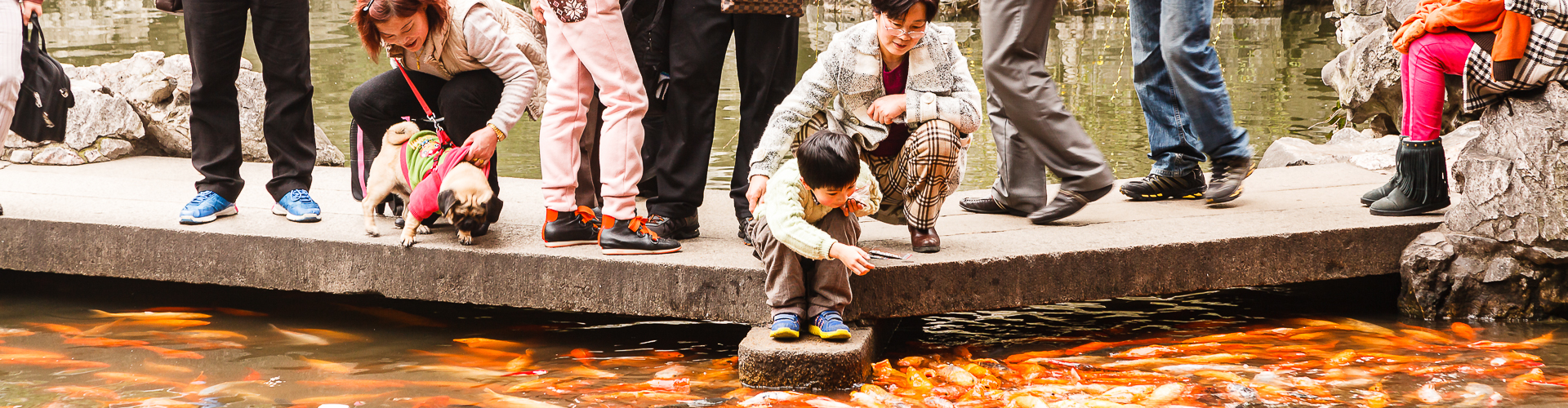 A woman holds her grand-son as he feeds fish in the Yu Yuan Garden in Shanghai, China.