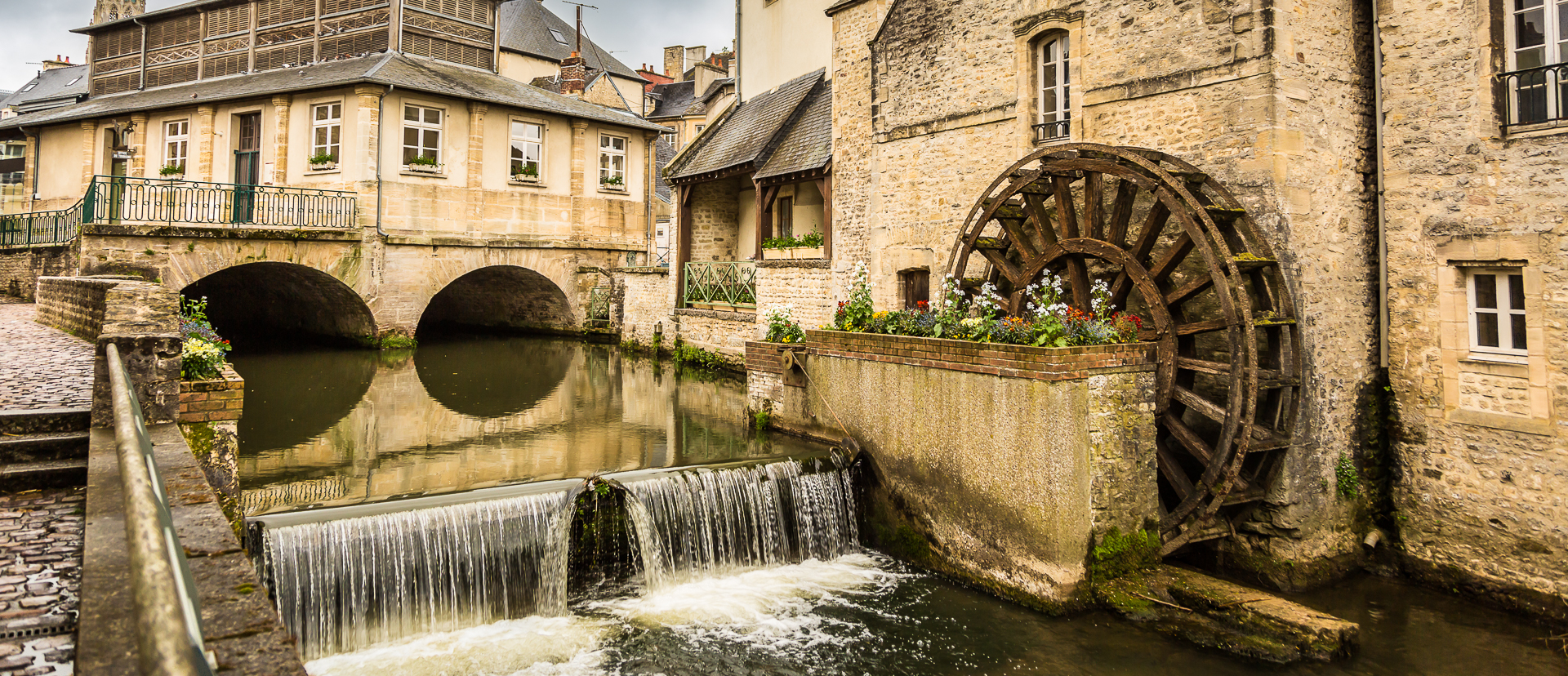Panorama of Old French Watermill in Bayeux, France