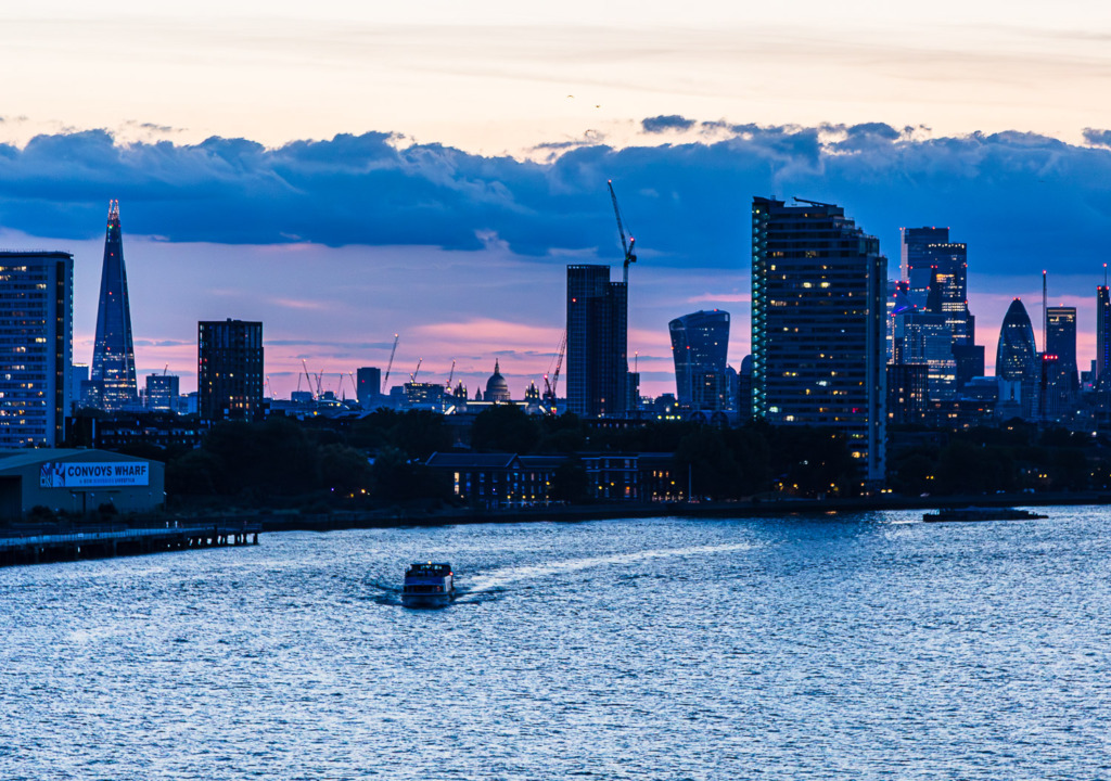 Travel Prep includes practicing setting your camera for hand-held blue-hour images like this one of London, taken from stern of the Viking Sky ship in Greenwich, England.