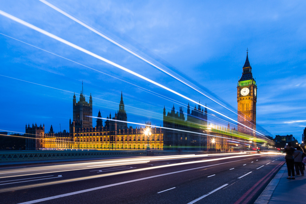 One creative exposure technique is using a long exposure to create lighttrails across a photo like this example of lighttrails on a photo of Big Ben and the Houses of Parliament, London, England at dusk.