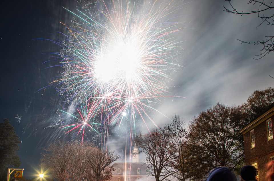 fireworks in the sky at the Grand Illumination in Colonial Williamsburg