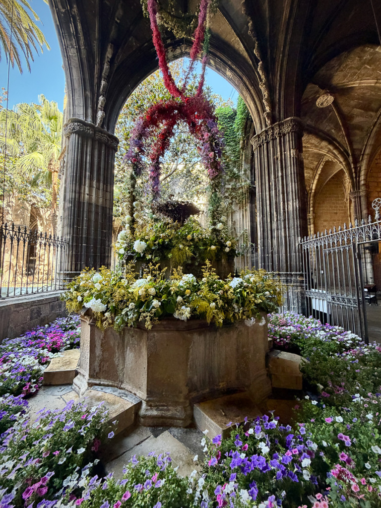 Flowers Around the Fountain at Catherdral of Barcelona during Corpus Christi.